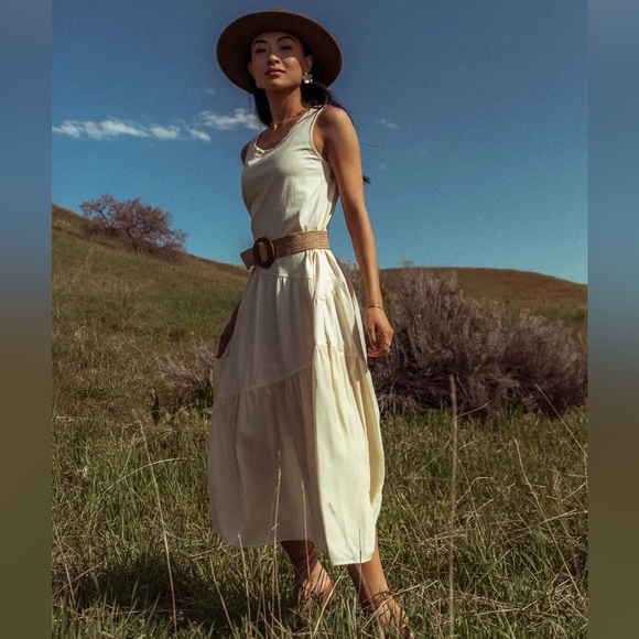 BOHME Natalie Tiered Midi Dress in Cream Bohemian Sleeveless Minimalist - Picture 4 of 13